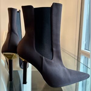 Good American “Kickstand” Ankle Boot-Brown Neo with Gold Heel